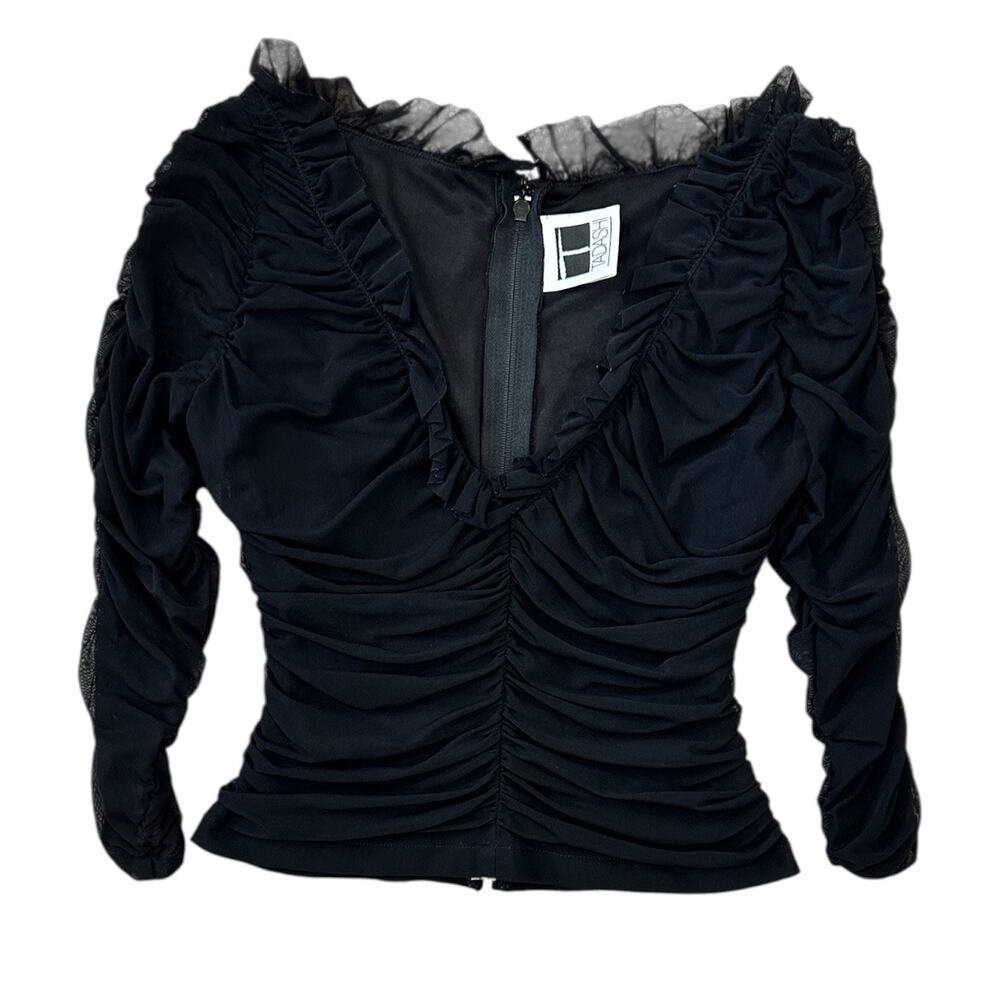 Vintage Tadashi Shoji Black Ruched Mesh Blouse
